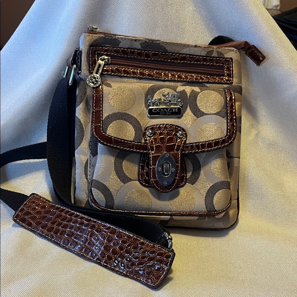 Coach Circle Pattern Shoulder Bag in Brown and Tan